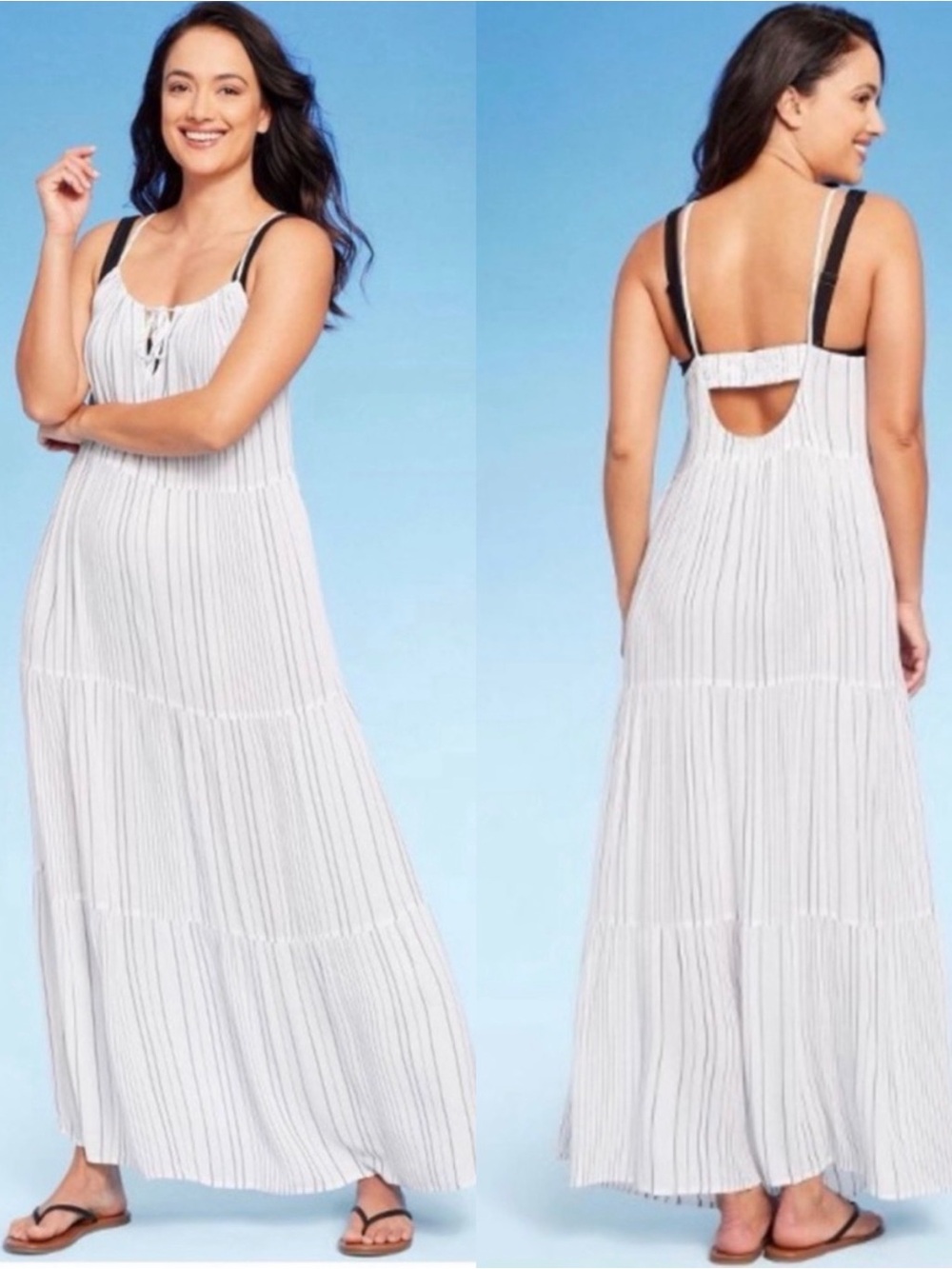 Kona Sol White and Grayish blue Striped Spaghetti‑Strap Maxi Dress XL